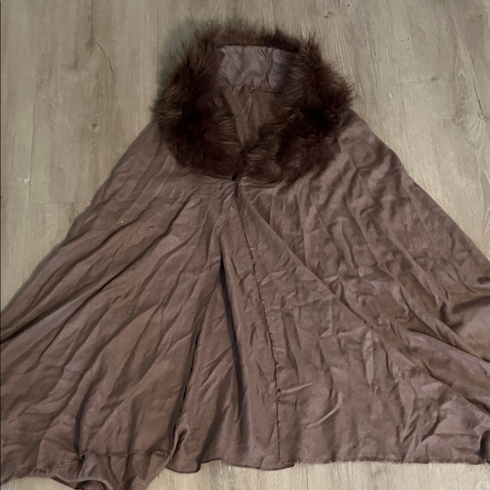 Brown Faux Fur Trim Cape